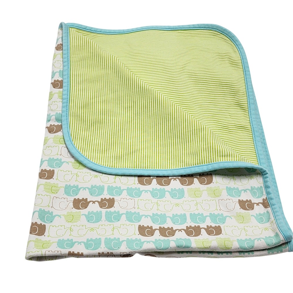 Zutano Cotton Baby Blanket Blue Green Brown White Elephants Stripe 2-ply